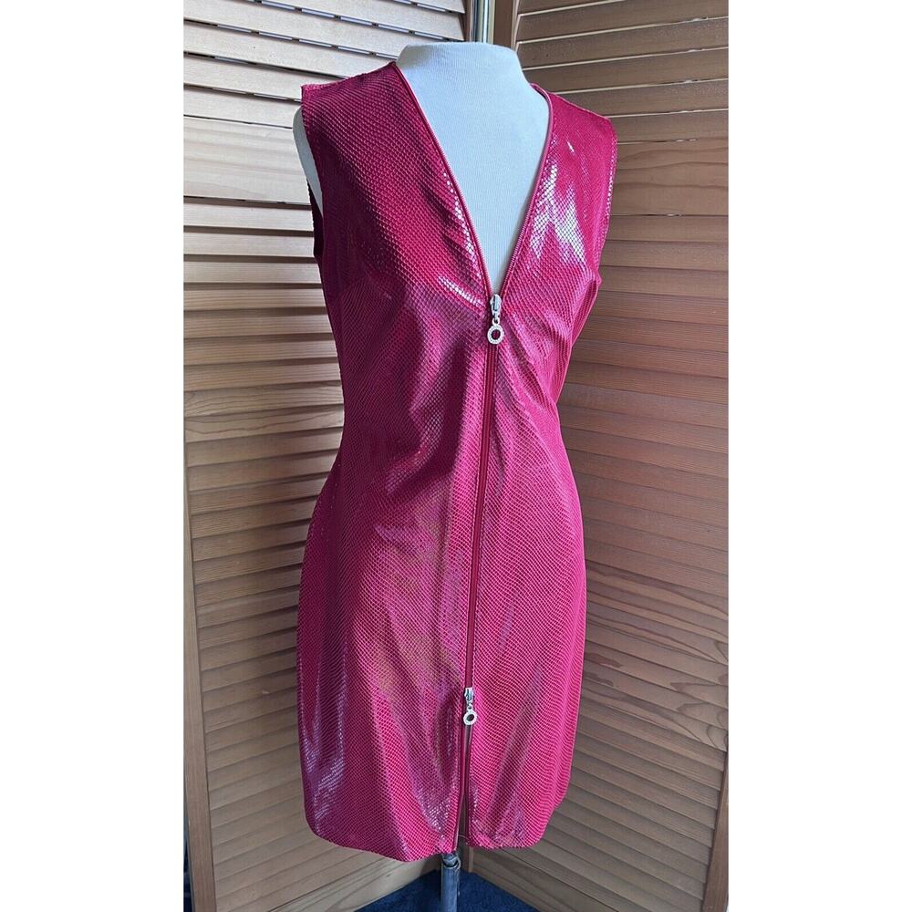 Vintage Caché Red ZIP Front Sexy mini DRESS Python Snake Feel M